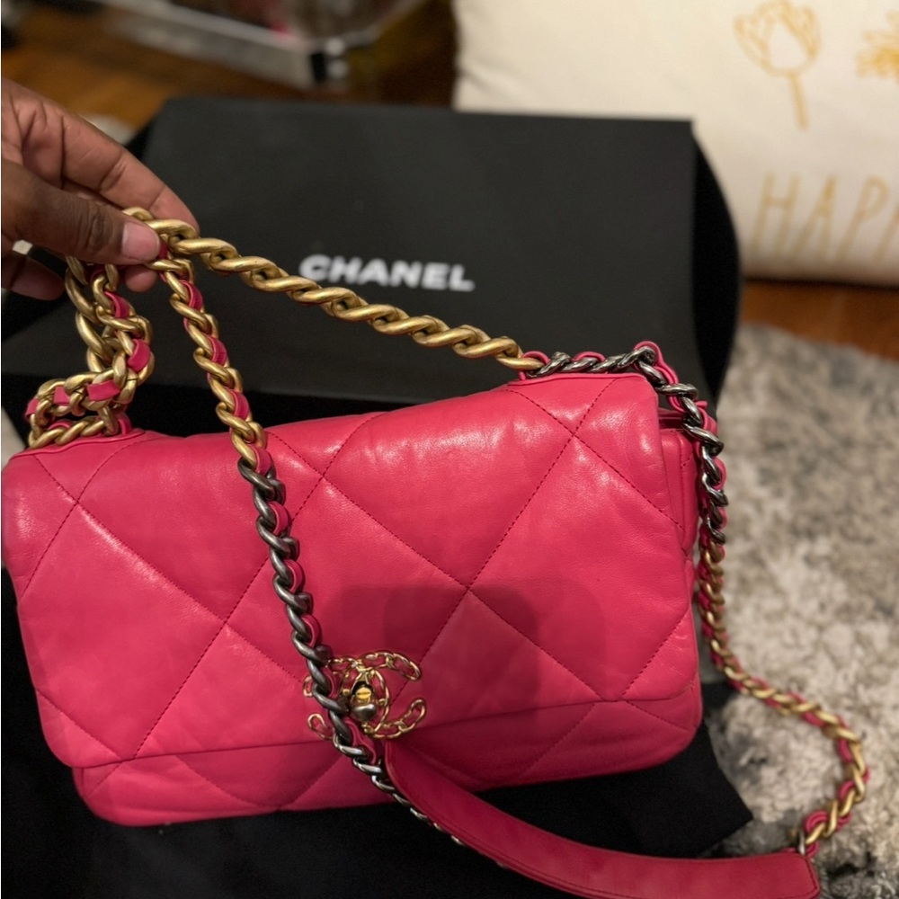 Large Chanel 19 Pink Quilted Leather Bag